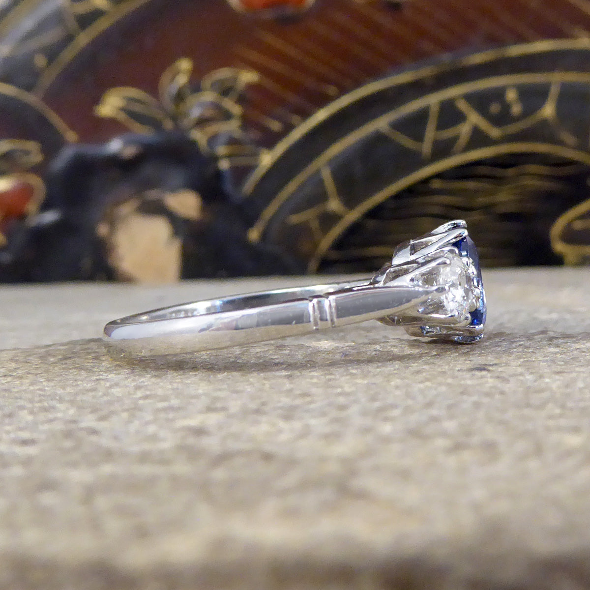 1.50ct Sapphire and 0.55ct Diamond Three Stone Ring in Platinum - Wharfedale Antiques