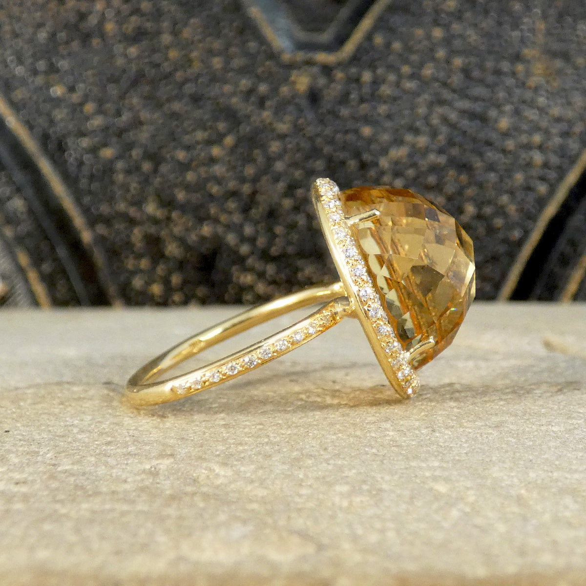 Citrine and Diamond Jelly Tot Ring in 18ct Yellow Gold with Diamond Set Shoulders - Wharfedale Antiques