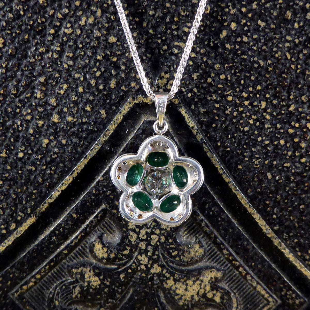 Emerald and Diamond Flower Cluster Pendant in 14ct White Gold with 18ct White Gold Chain Necklace - Wharfedale Antiques