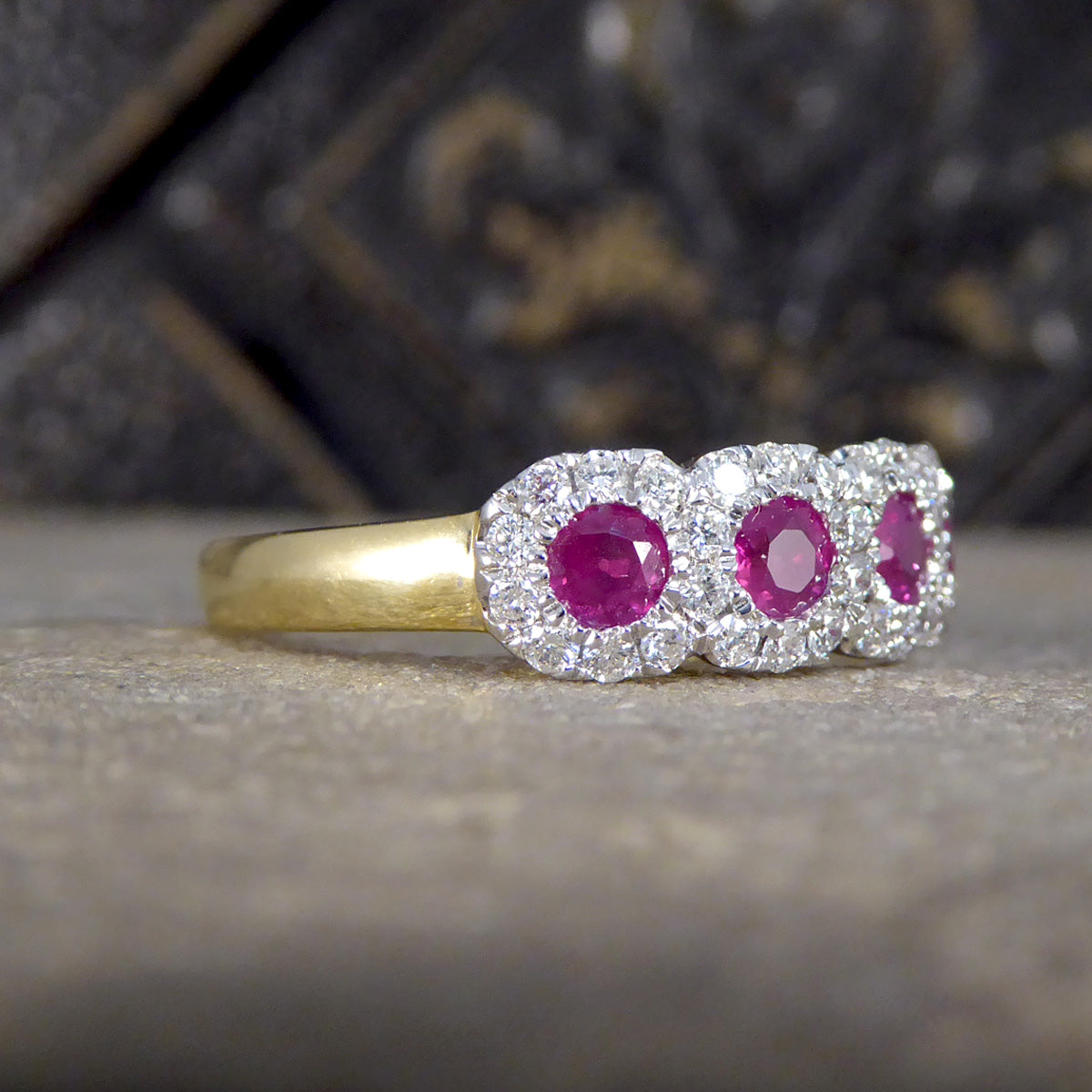 Ruby and Diamond Sextuple Cluster Ring in 18ct Yellow and White Gold - Wharfedale Antiques