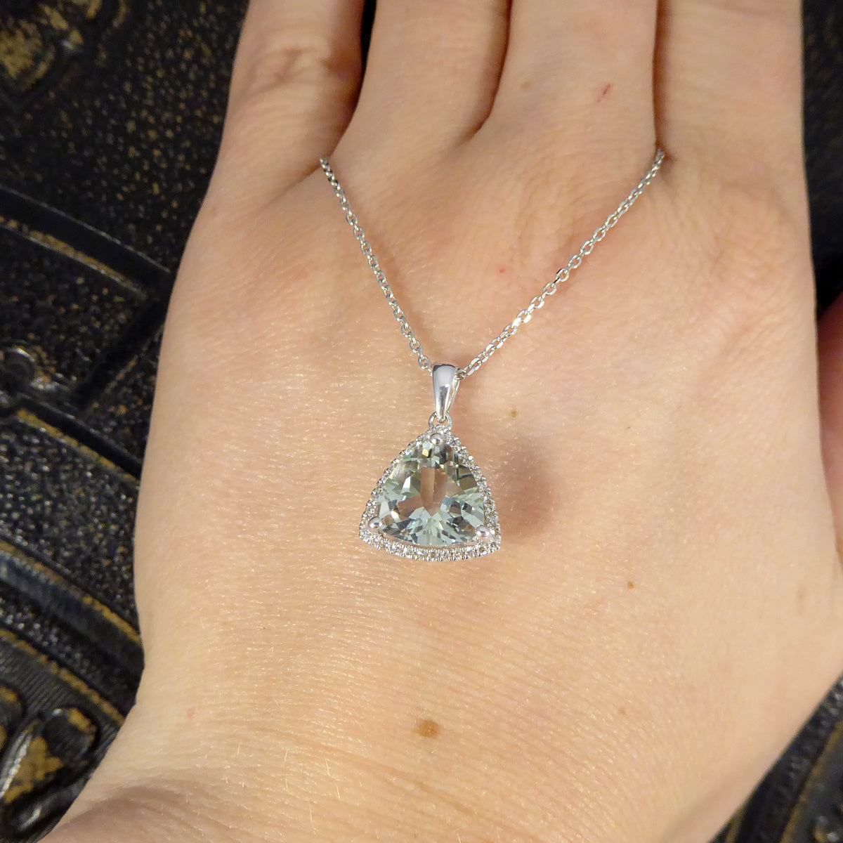 Majestic Trillion Cut Green Amethyst and Diamond Halo Pendant Necklace in White Gold - Wharfedale Antiques