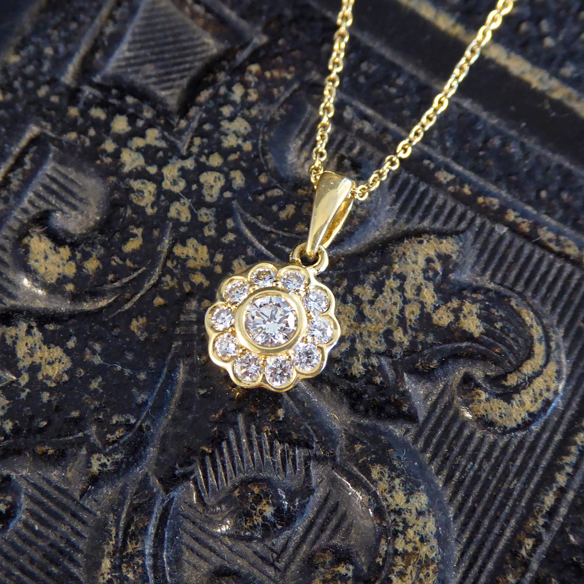 Diamond Flower Cluster Pendant Necklace in 18ct Yellow Gold - Wharfedale Antiques