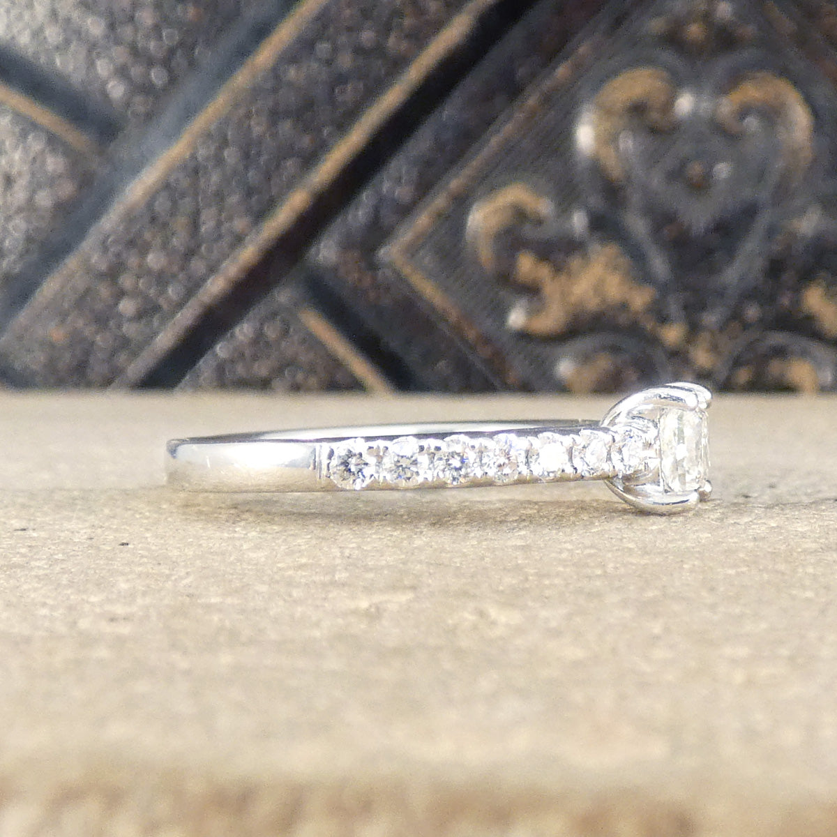 Princess Cut Diamond Solitaire Engagement Ring with Diamond Set Shoulders in Platinum - Wharfedale Antiques