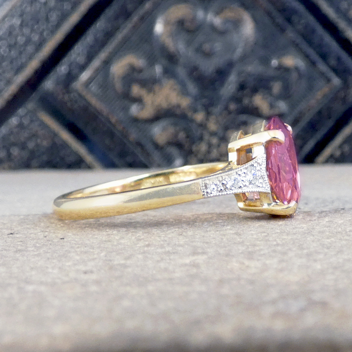 Size profile for Pink Tourmaline Ring showing open setting allowing light to pass through.