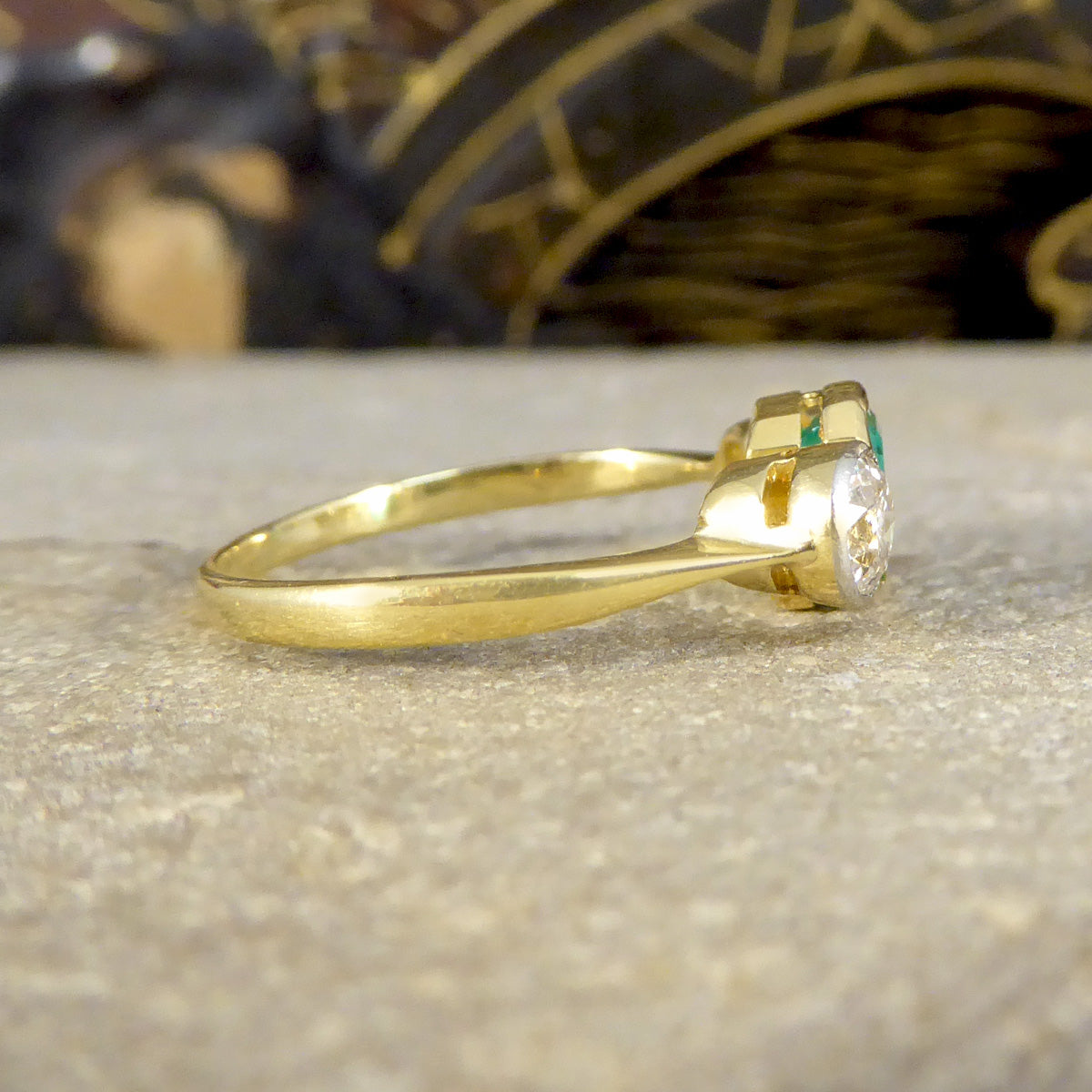 Emerald and Diamond Bezel Set Three Stone Ring in 18ct Yellow Gold and Platinum - Wharfedale Antiques