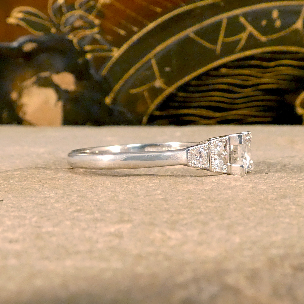 Art Deco Inspired Diamond Ring with Diamond Staged Shoulders in Platinum - Wharfedale Antiques