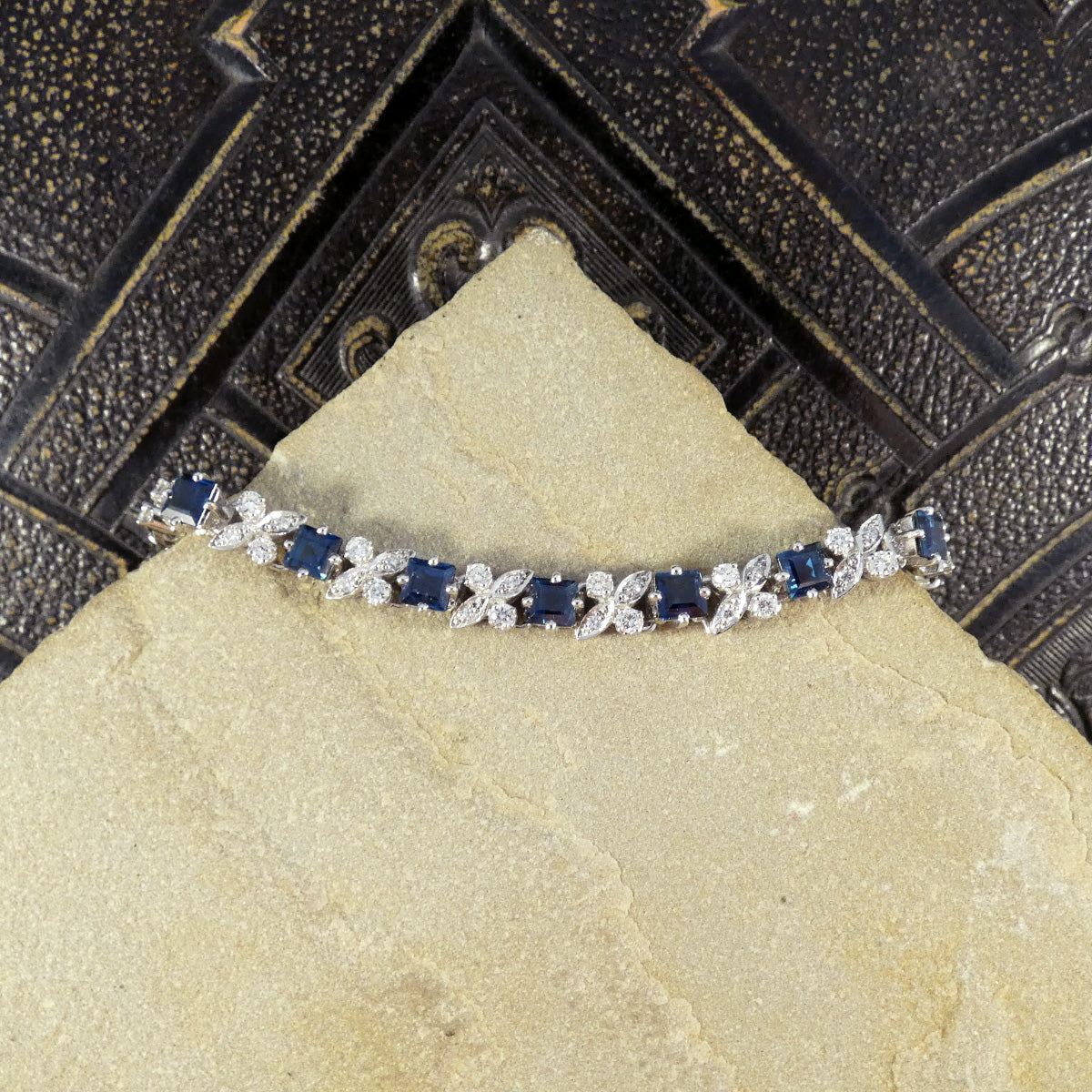 Vintage Square Cut Sapphire and Diamond Line Bracelet in 18ct White Gold C1990 - Wharfedale Antiques