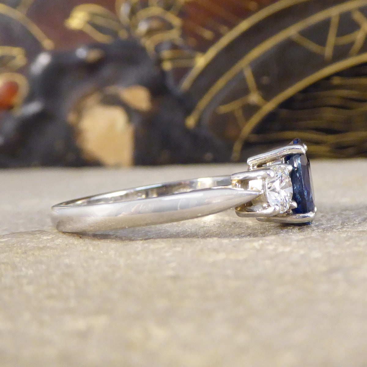 Oval Cut 1.75ct Sapphire and Diamond Three Stone Ring in Platinum - Wharfedale Antiques