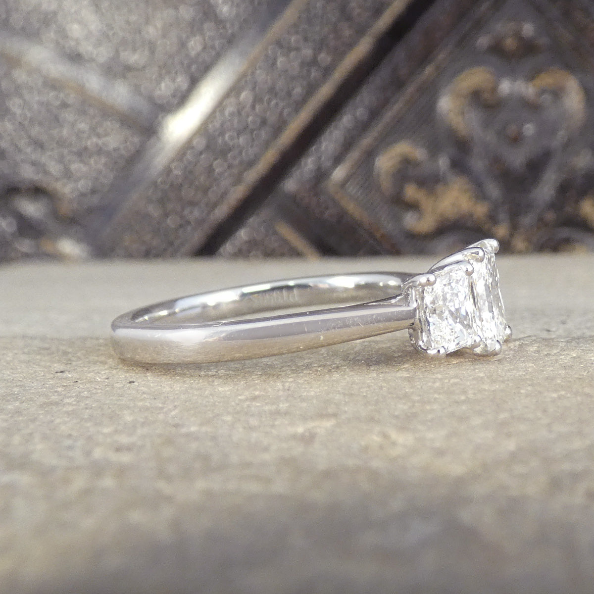 1.43ct Radiant Cut Diamond GIA Cert F/VS Three Stone Ring in Platinum - Wharfedale Antiques