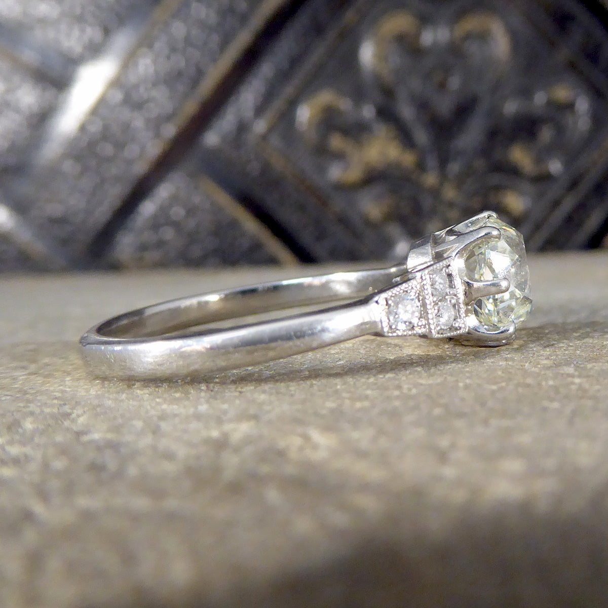 1.70ct Old European Cushion Cut Diamond Solitaire with Diamond Shoulders in Platinum - Wharfedale Antiques