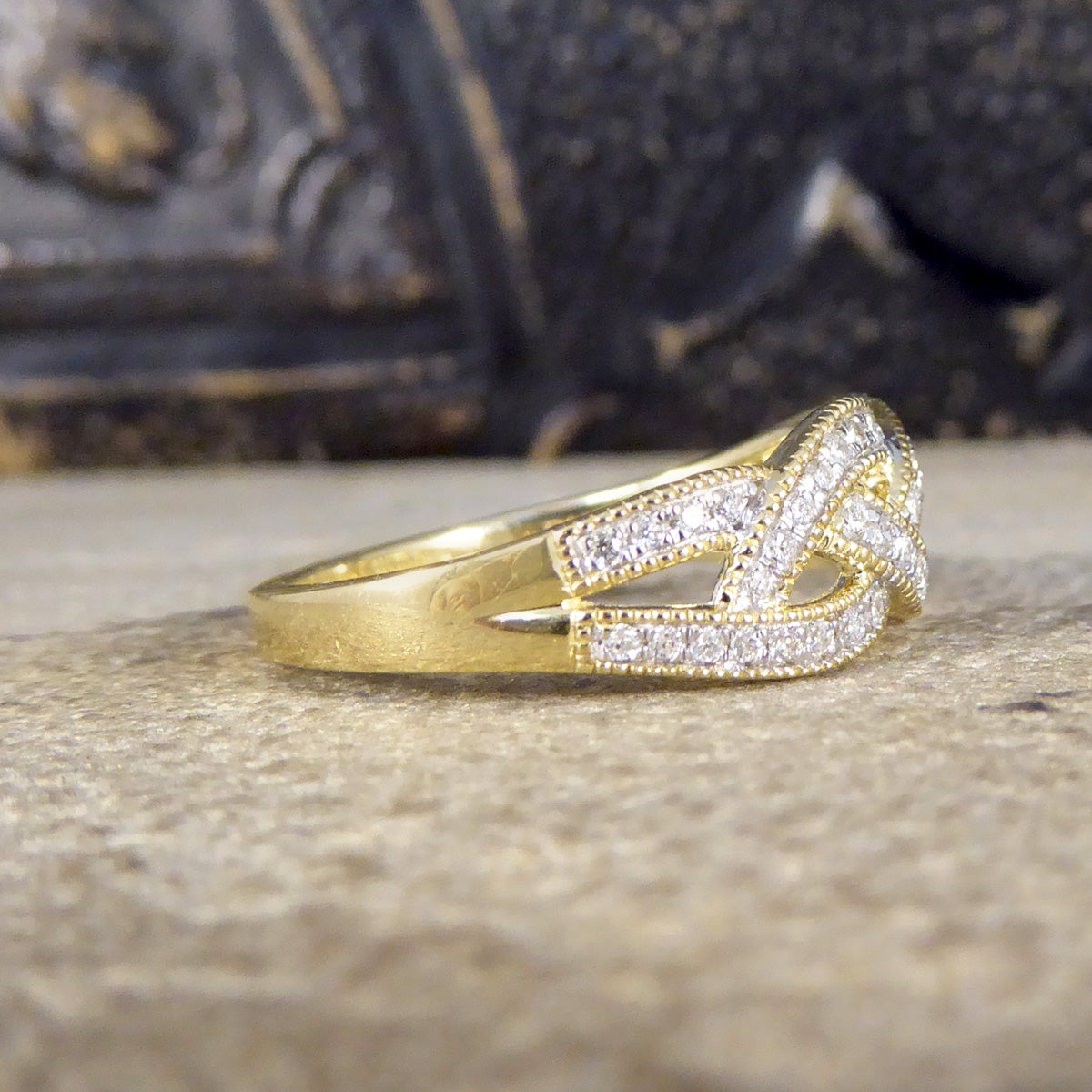 Diamond Set Milgrain Plait Half Eternity Ring in Yellow Gold - Wharfedale Antiques