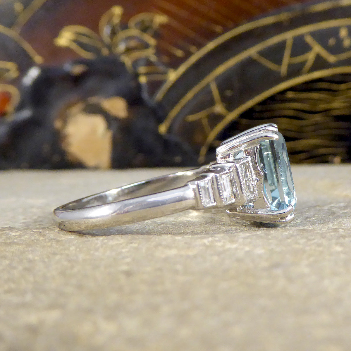 Art Deco Inspired 3.30ct Aquamarine and Diamond Staged Ring in Platinum - Wharfedale Antiques