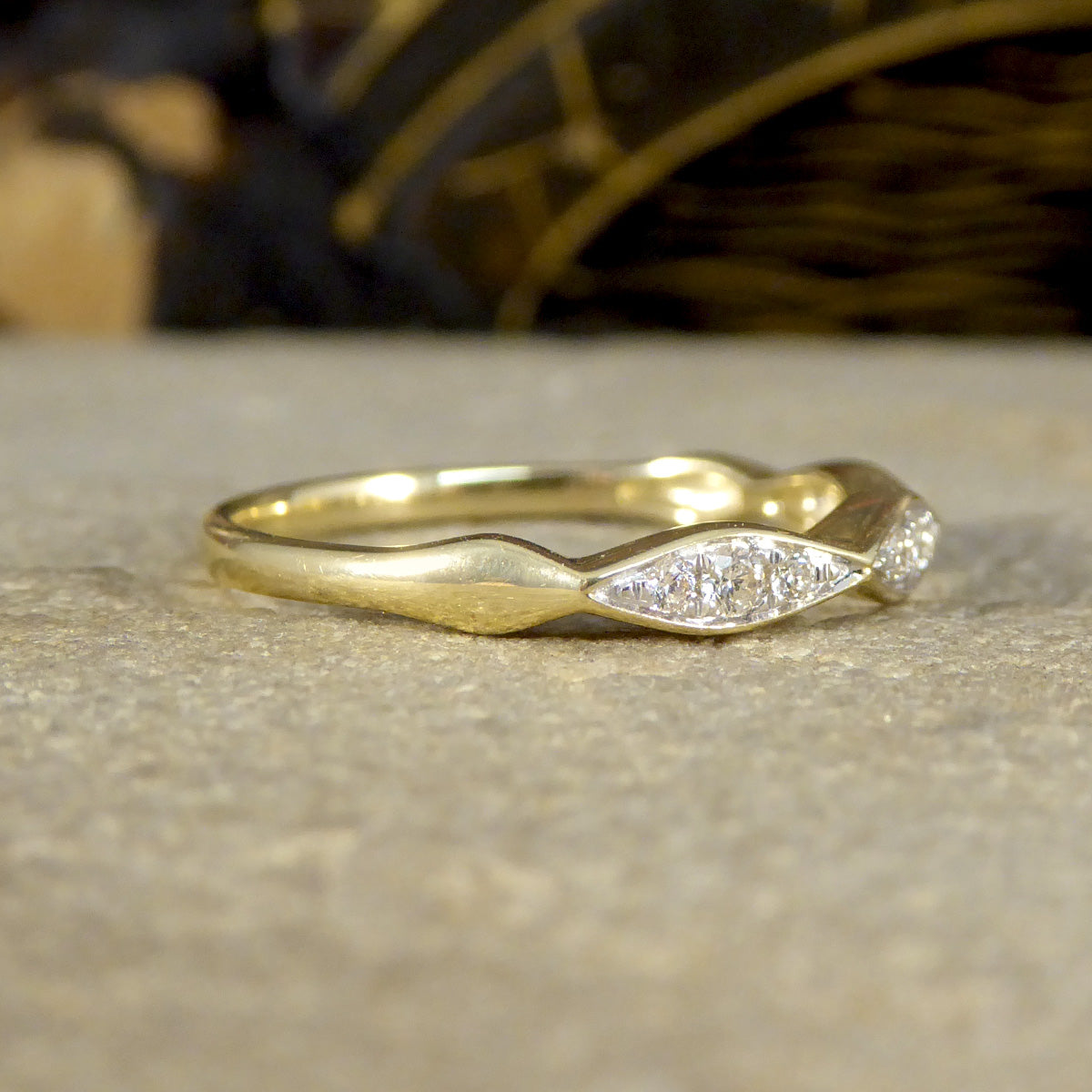 Diamond set Geometric Half Eternity Band Ring in Yellow Gold - Wharfedale Antiques
