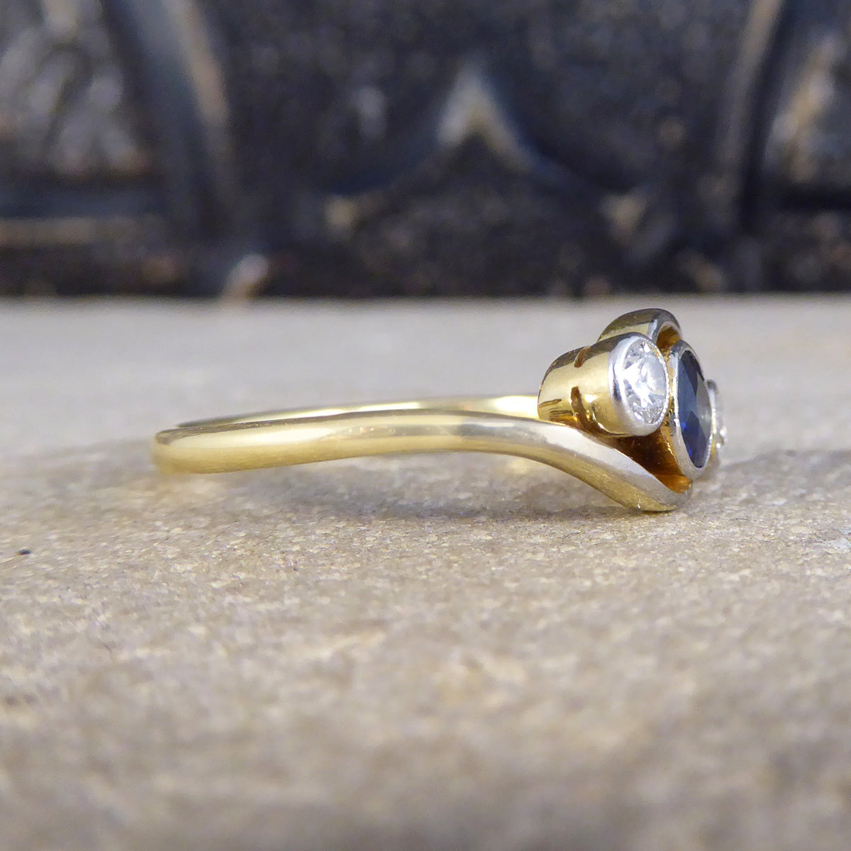 Edwardian Sapphire & Diamond Three Stone Crossover Ring in 18ct Gold and Platinum - Wharfedale Antiques