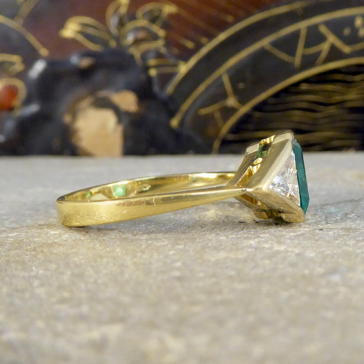 Vintage Emerald and Trillian Cut Diamond Three Stone in 18ct Yellow Gold - Wharfedale Antiques