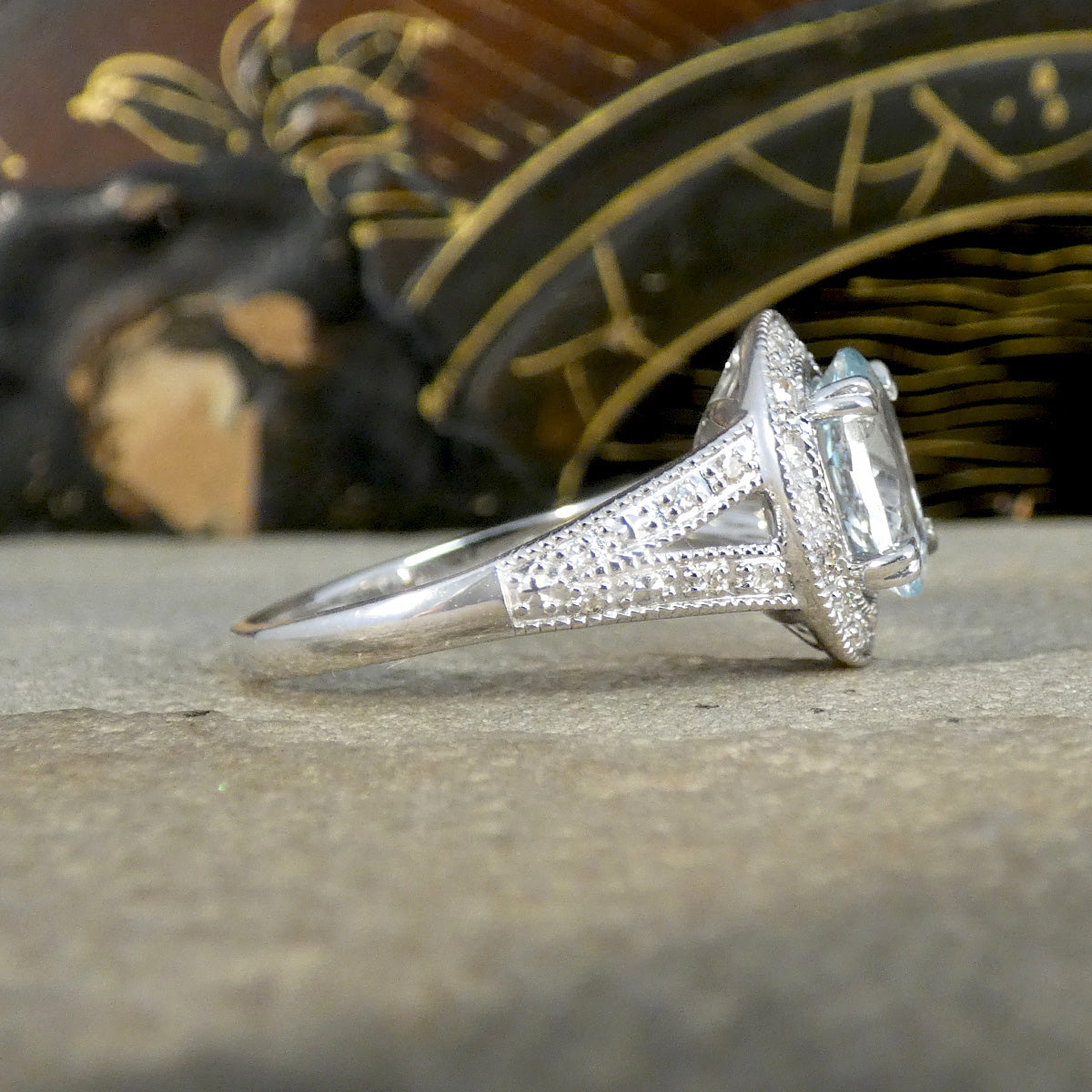Aquamarine and Diamond Cluster Ring with Diamond Split Shoulder in White Gold - Wharfedale Antiques