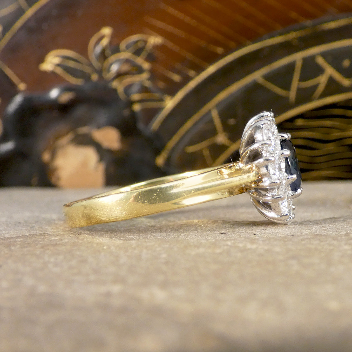 Sapphire and Diamond Oval Cluster Ring in 18ct Yellow and White Gold - Wharfedale Antiques