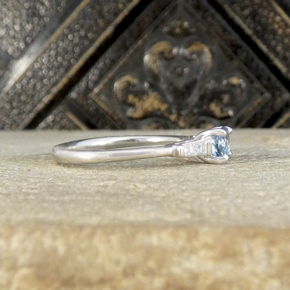 Aquamarine Solitaire with Tapered Baguette Diamond Shoulders in 18ct White Gold - Wharfedale Antiques