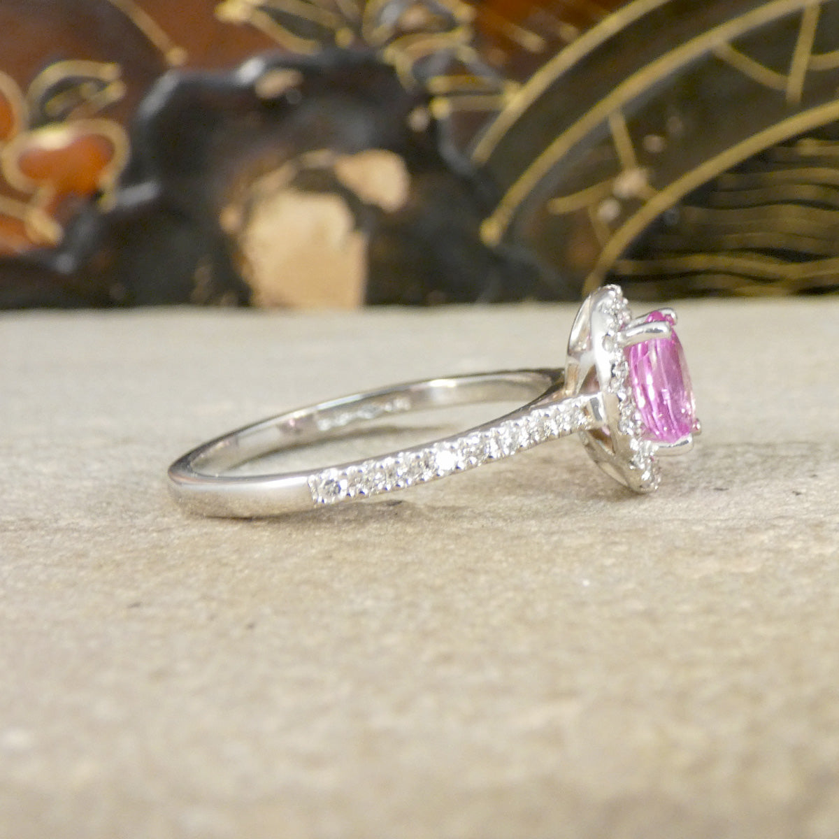 Pink Sapphire and Diamond Cluster Wedfit Ring with Diamond Shoulders in Platinum