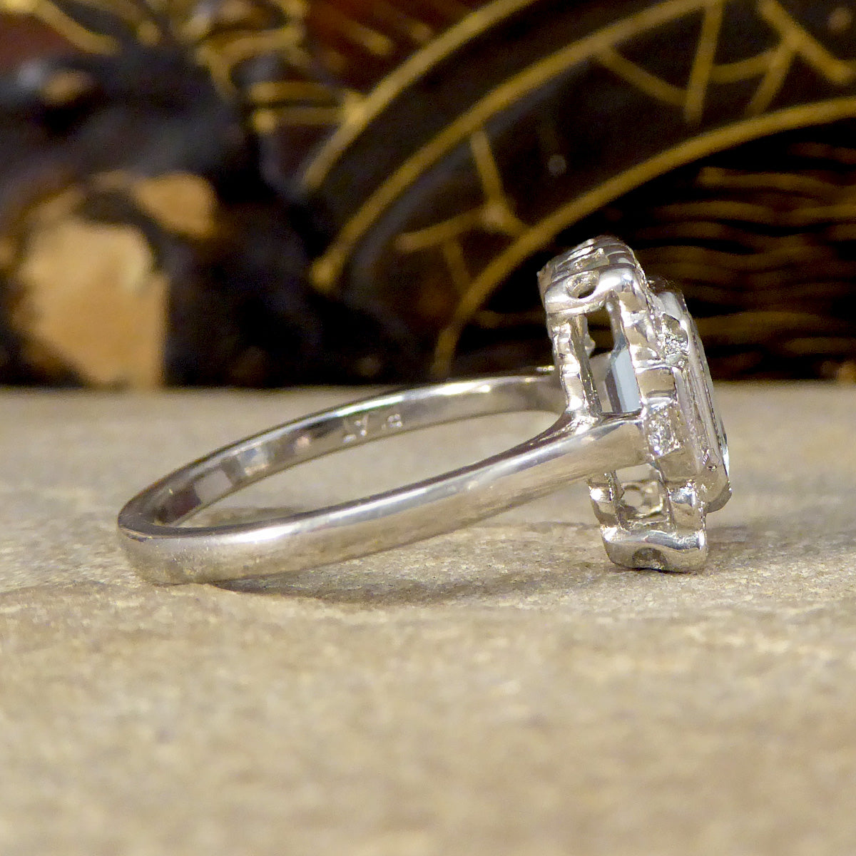 Art Deco Inspired Aquamarine and Diamond Cluster Ring in Platinum - Wharfedale Antiques
