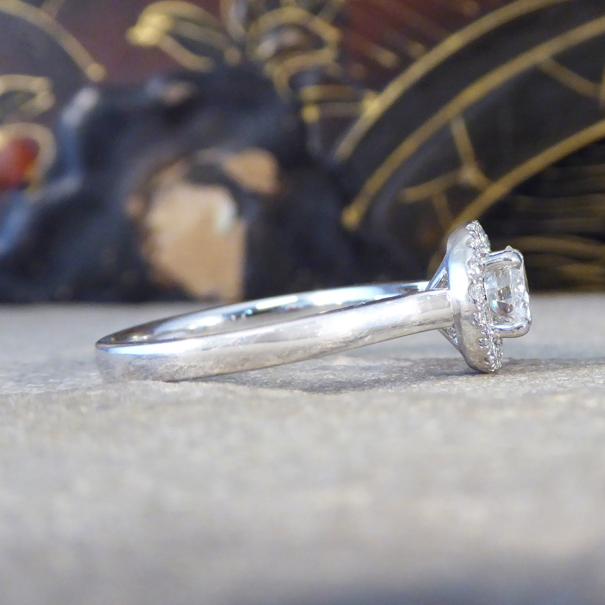 Modern Diamond Halo Cluster Wedfit Engagement Ring in Platinum - Wharfedale Antiques