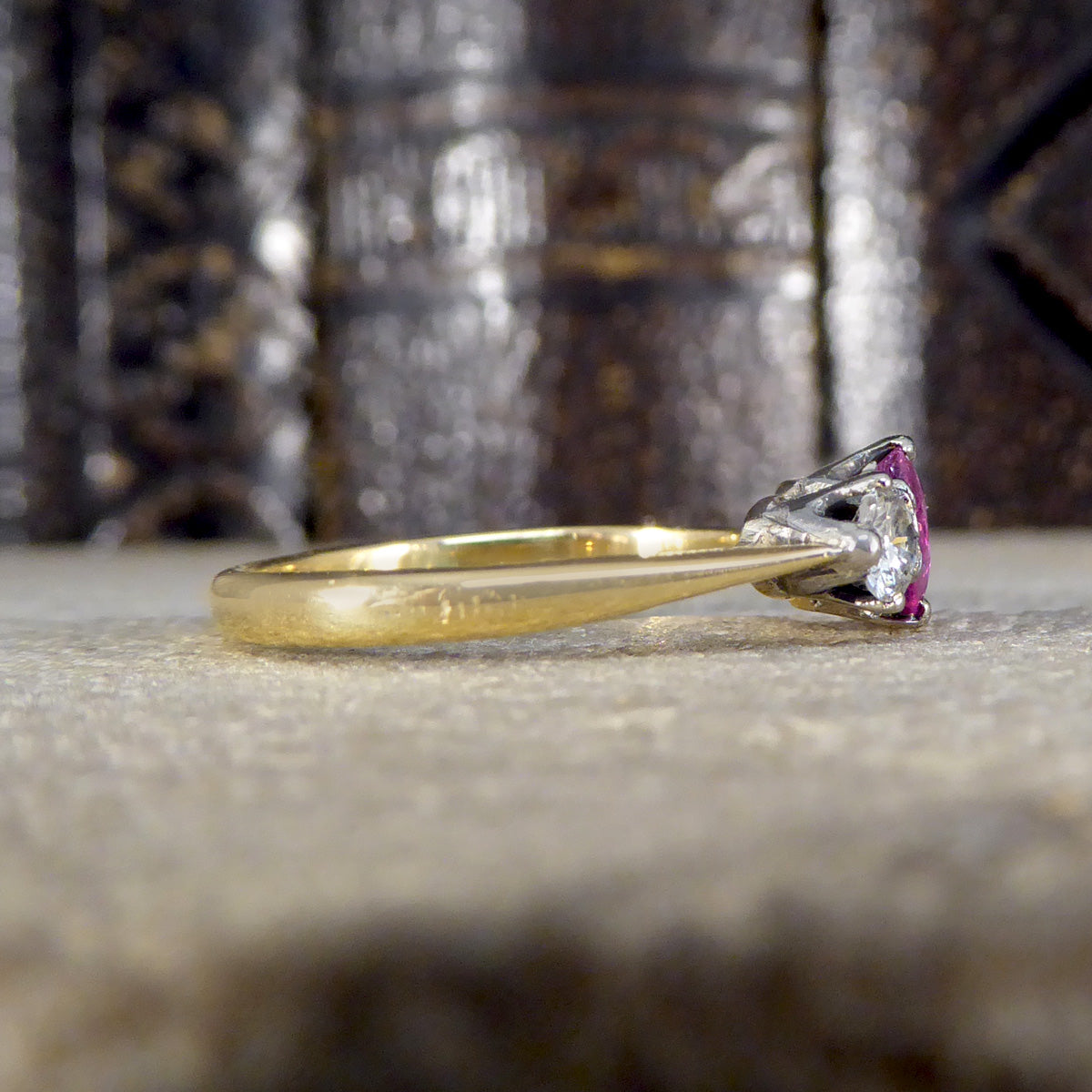 Early 20th Century Ruby and Diamond Three Stone Ring in 18ct Yellow Gold and Platinum - Wharfedale Antiques
