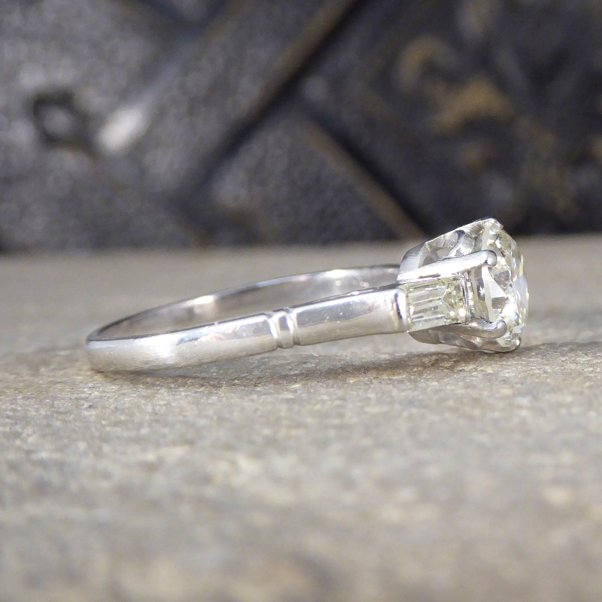 Art Deco 1.20ct Diamond Solitaire Engagement Ring with Baguette Cut Shoulders in Platinum - Wharfedale Antiques
