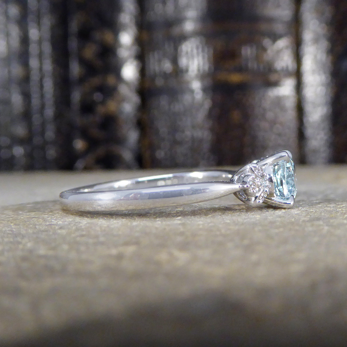 Dainty Aquamarine Ring with Diamond Set Shoulders in White Gold
