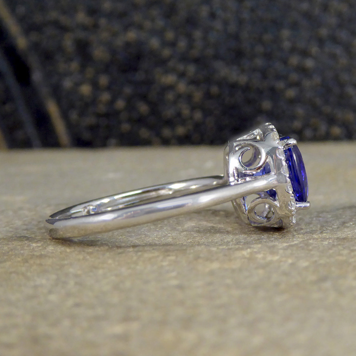 Cushion Cut Tanzanite and Diamond Cluster Ring in White Gold - Wharfedale Antiques