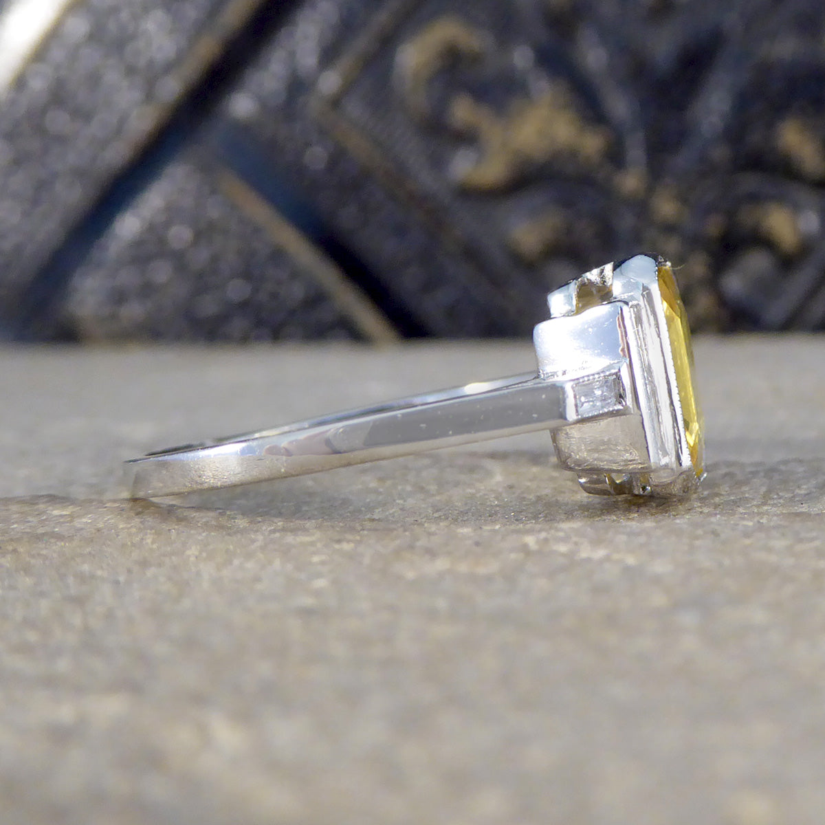 Art Deco Style Yellow Sapphire and Baguette Cut Diamond Ring in Platinum - Wharfedale Antiques