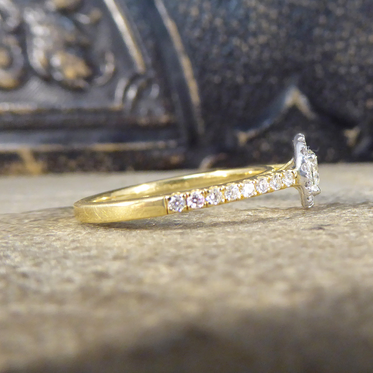Diamond Cluster Halo Engagement Wedfit Ring with Diamond Shoulders in 18ct Yellow and White Gold - Wharfedale Antiques