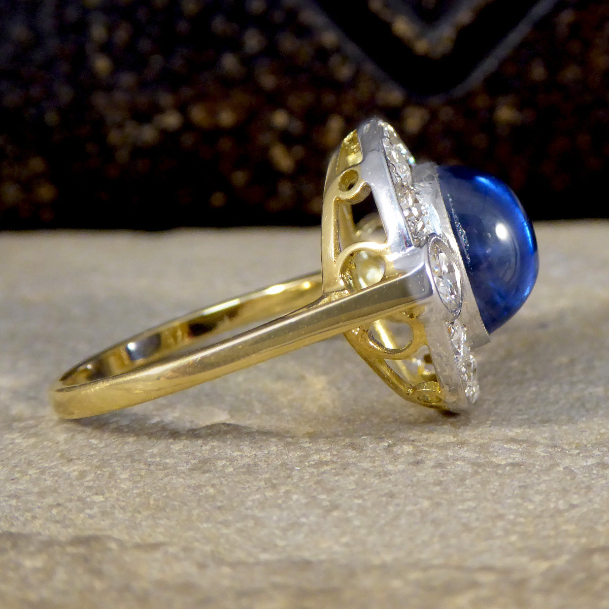 Cabochon Cut Sapphire and Diamond Cluster Ring in 18ct Gold - Wharfedale Antiques