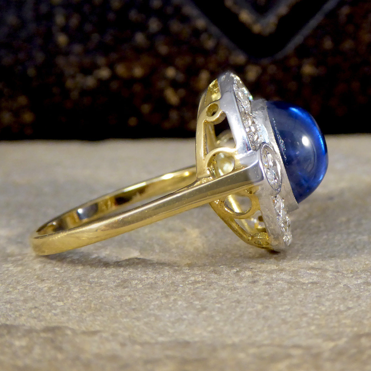 Cabochon Cut Sapphire and Diamond Cluster Ring in 18ct Gold