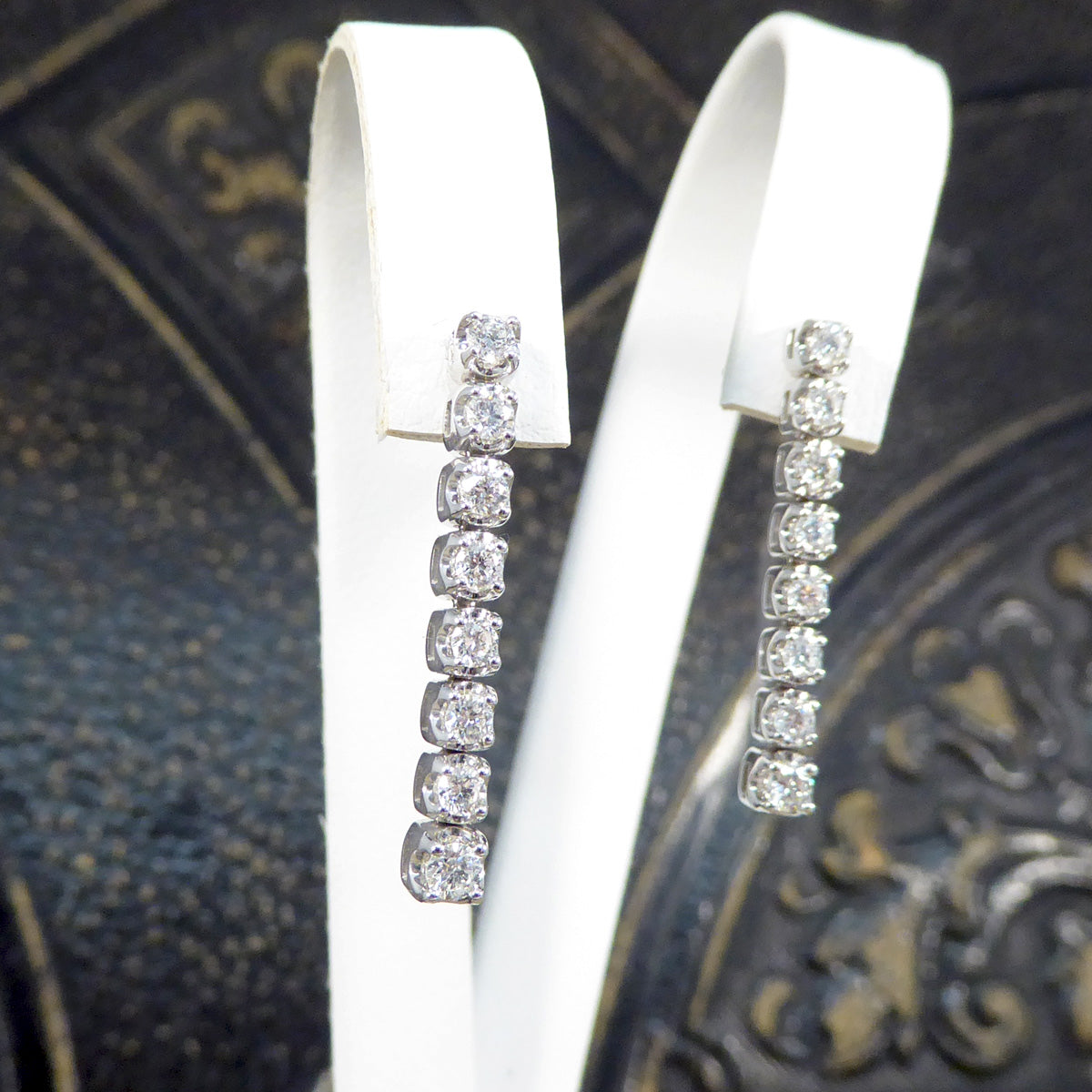 Modern Diamond Drop Linked Dangle Earrings in White Gold - Wharfedale Antiques