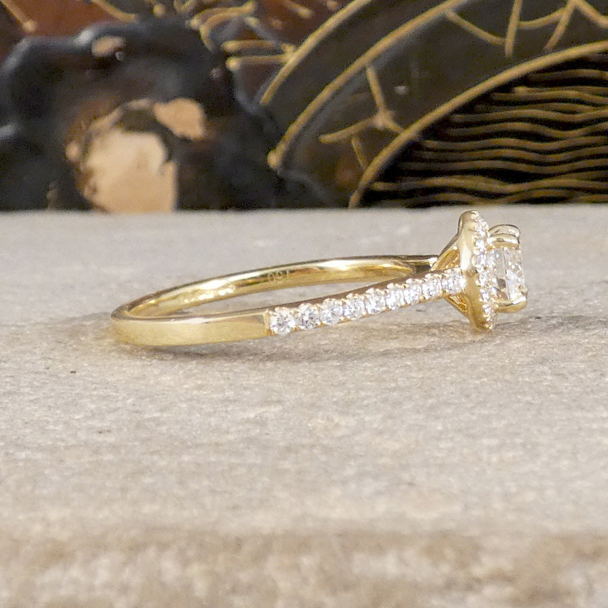 GIA Cert D Colour Diamond Halo Cluster Engagement Ring with Diamond Shoulders in 18ct Yellow Gold. Side view showing wed fit design to be worn as the perfect engagement ring.