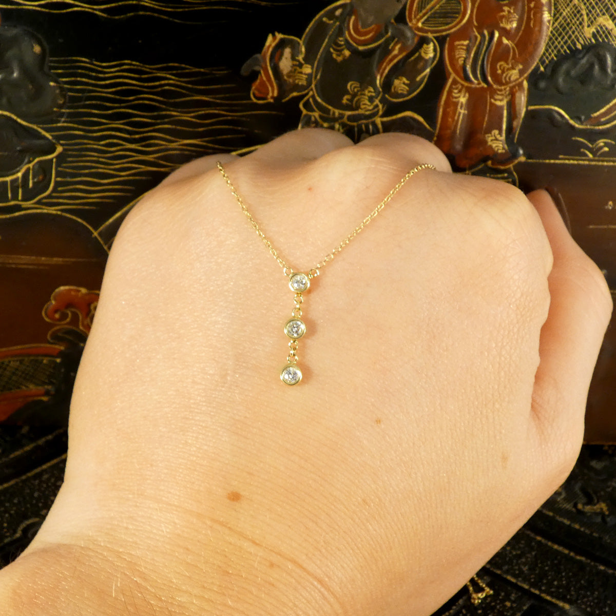 Dainty and Stackable Diamond Three Stone Drop Necklace in Yellow Gold - Wharfedale Antiques