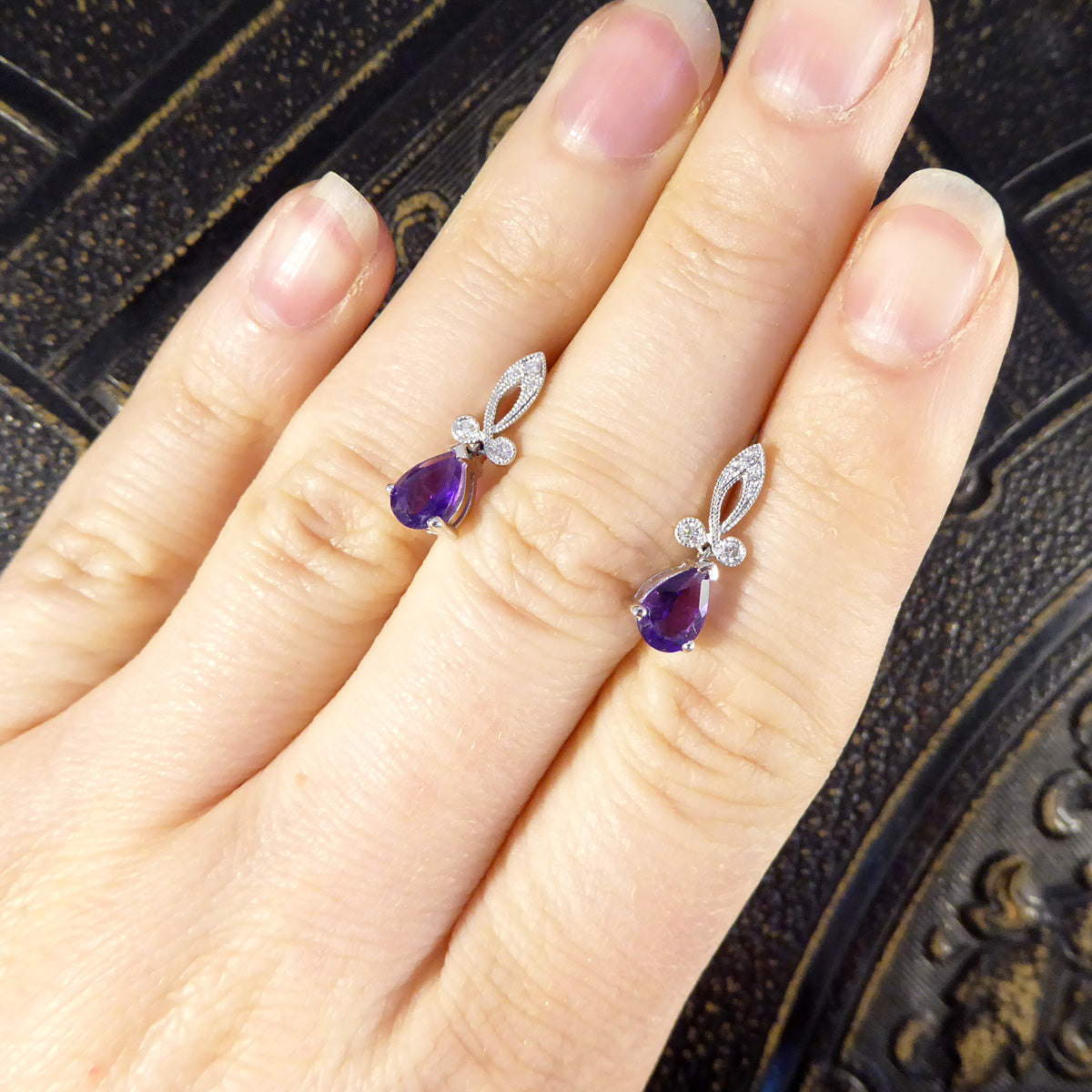 Art Deco Inspired Pear Shaped Amethyst Drop Earrings with Diamonds set in 18ct White Gold - Wharfedale Antiques