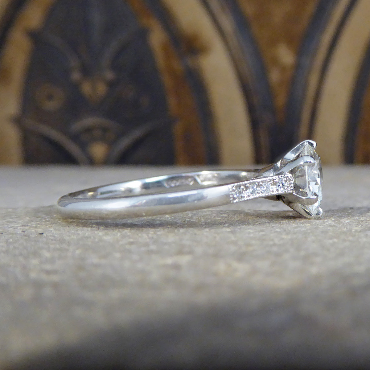 0.82ct Old European Cut Diamond Solitaire with Diamond Shoulders in Platinum - Wharfedale Antiques