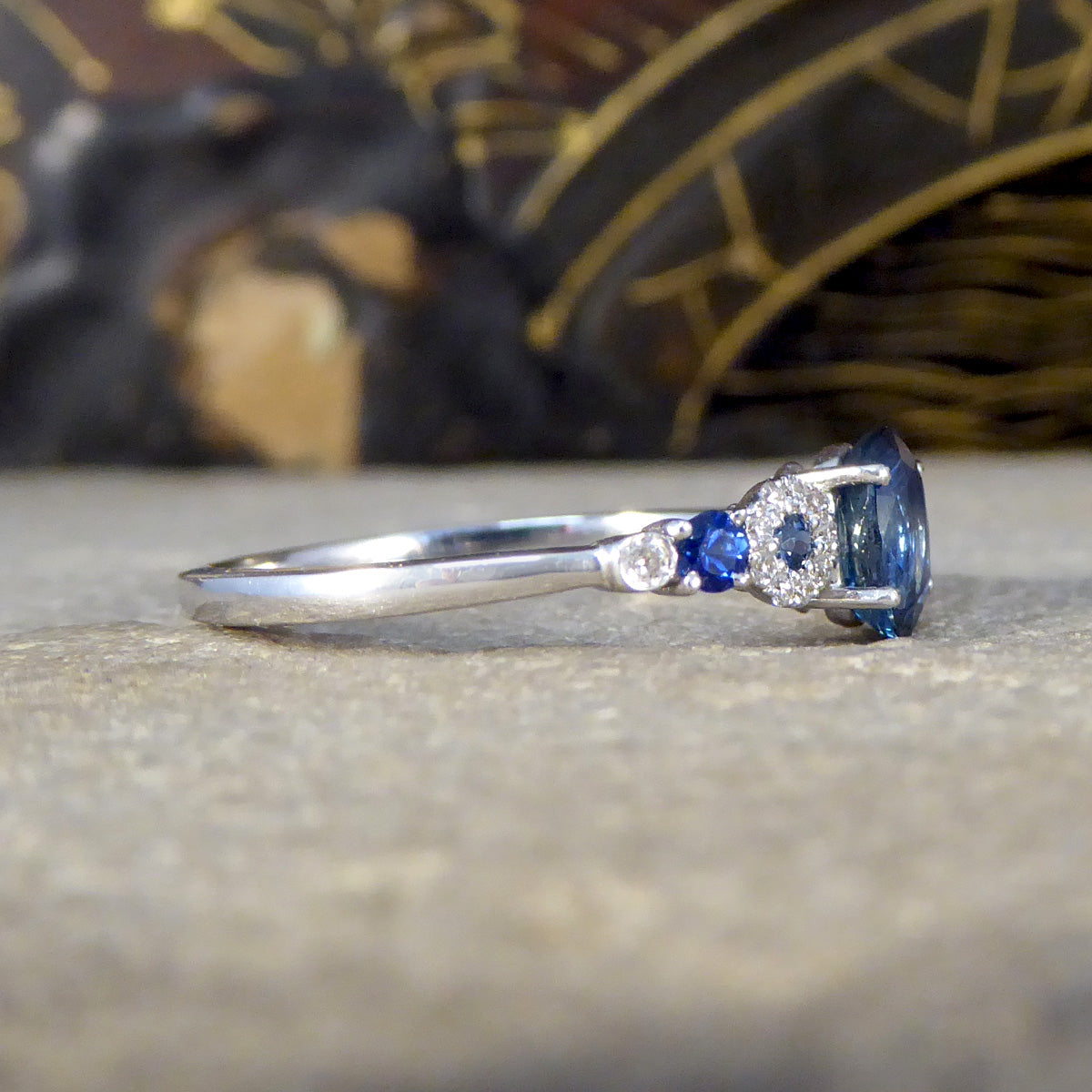 Unique Geometric Sapphire and Diamond Ring in 18ct White Gold - Wharfedale Antiques