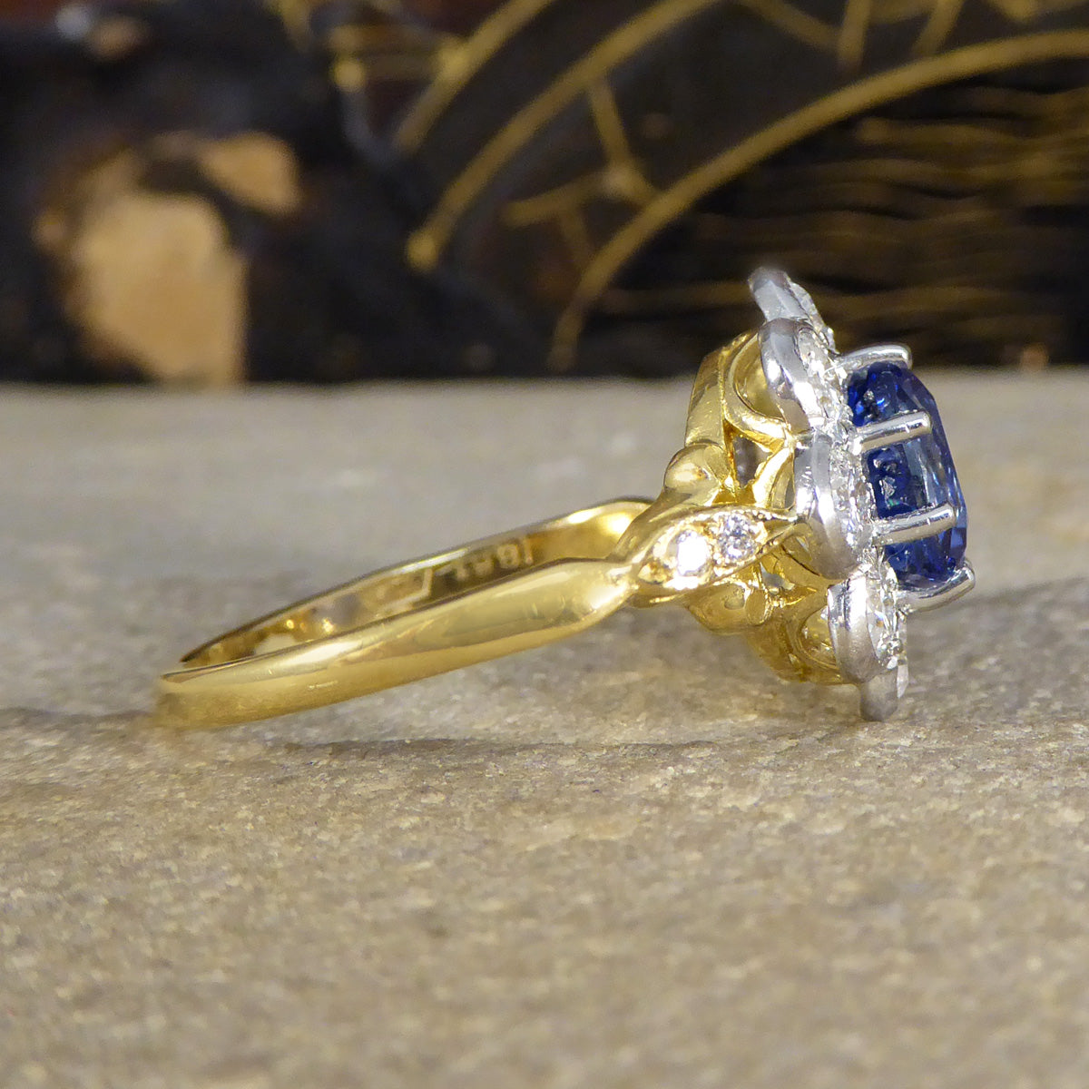 Edwardian Inspired 2.24ct Sapphire and Diamond Cluster Ring in 18ct Gold - Wharfedale Antiques
