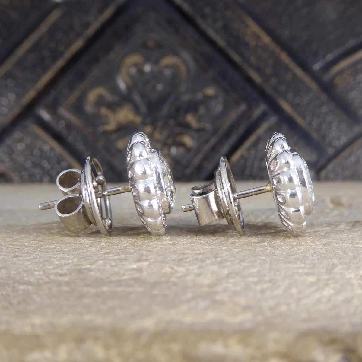 1940's Old Cushion Cut Daisy Cluster Stud Earrings in Platinum - Wharfedale Antiques