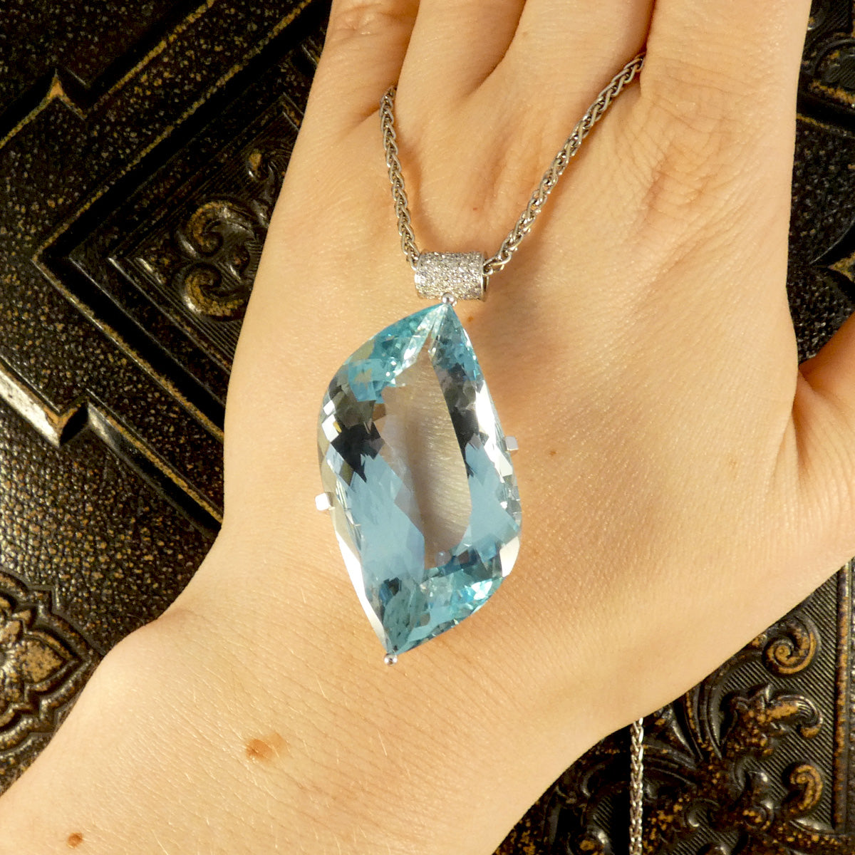 Tremendous Over 70ct Aquamarine Leaf Pendant with Diamond Bail in 18ct White Gold - Wharfedale Antiques