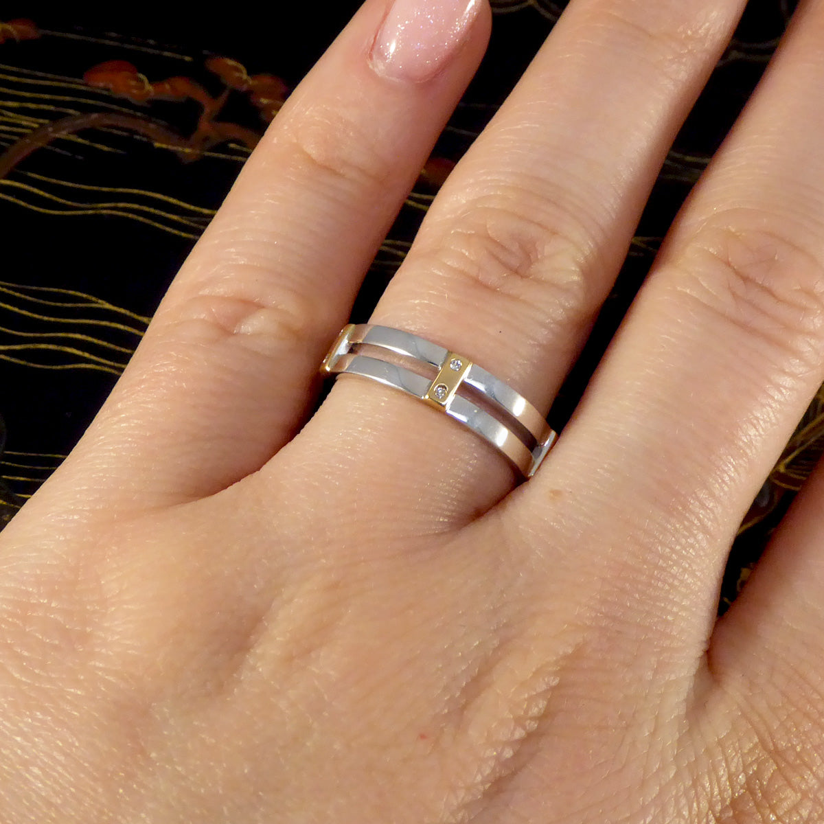 Brown and Newirth Two Tone Diamond Set Bar Band Ring in 18ct Gold - Wharfedale Antiques