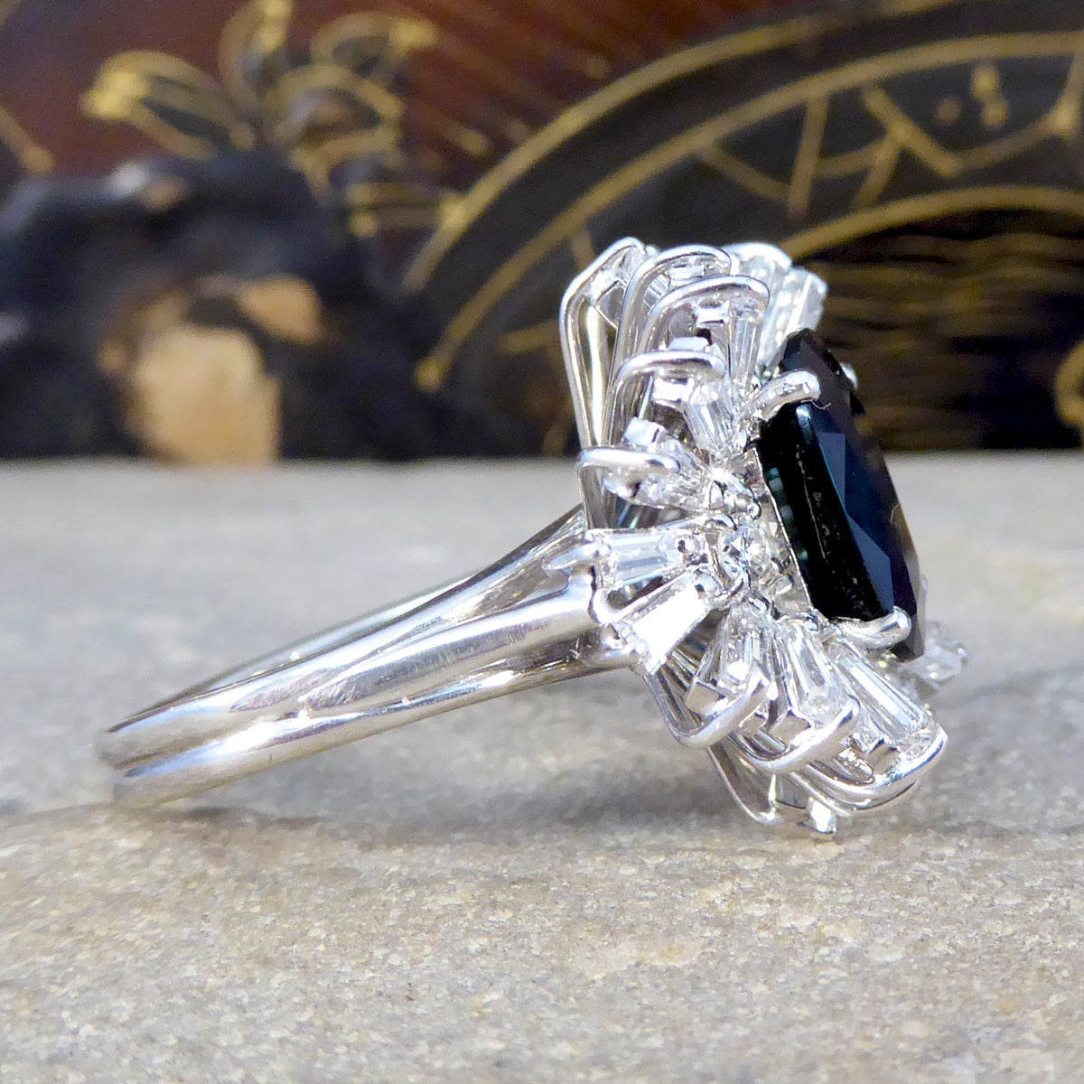 Deep 4.33ct Sapphire and Diamond Ballerina Ring in 18ct White Gold - Wharfedale Antiques