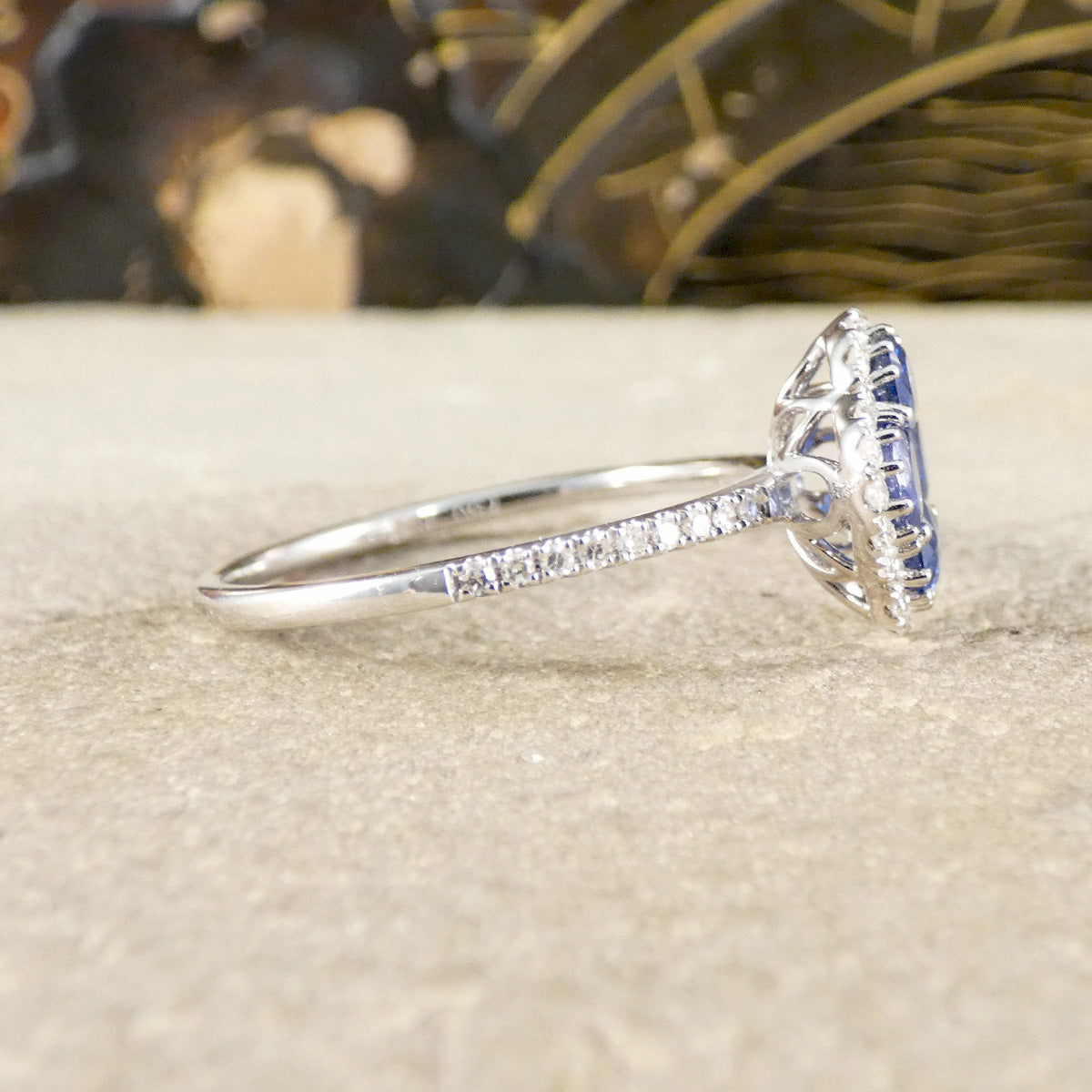 Sapphire and Diamond Shamrock Ring in 18ct White Gold shown from the side