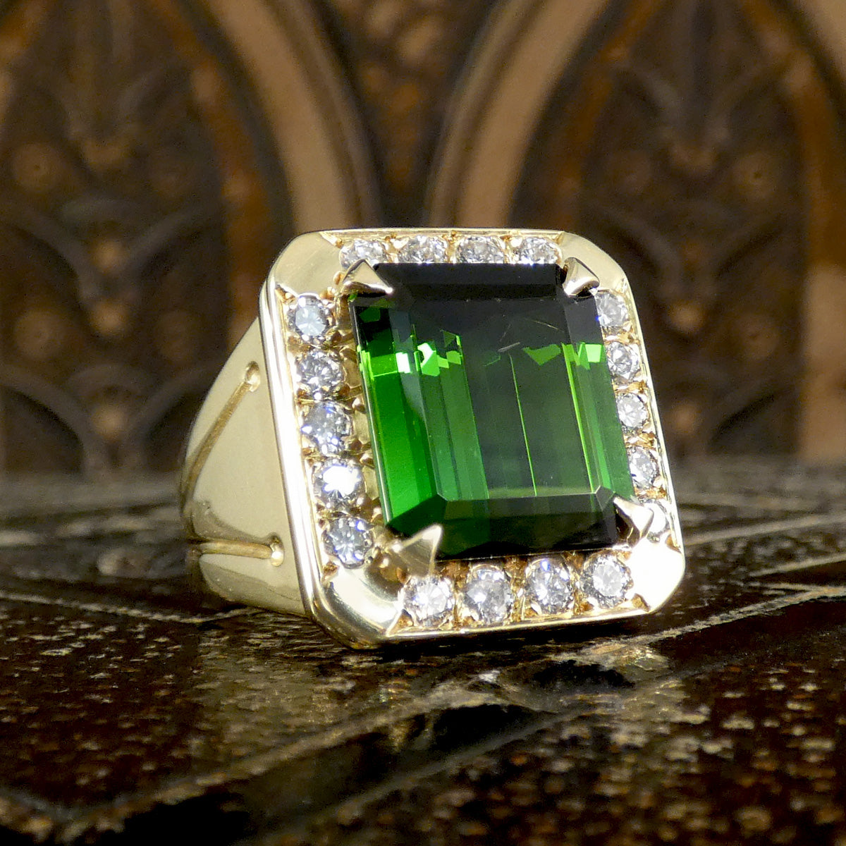 Bold lines and striking appearance in this gorgeous green tourmaline signet ring.