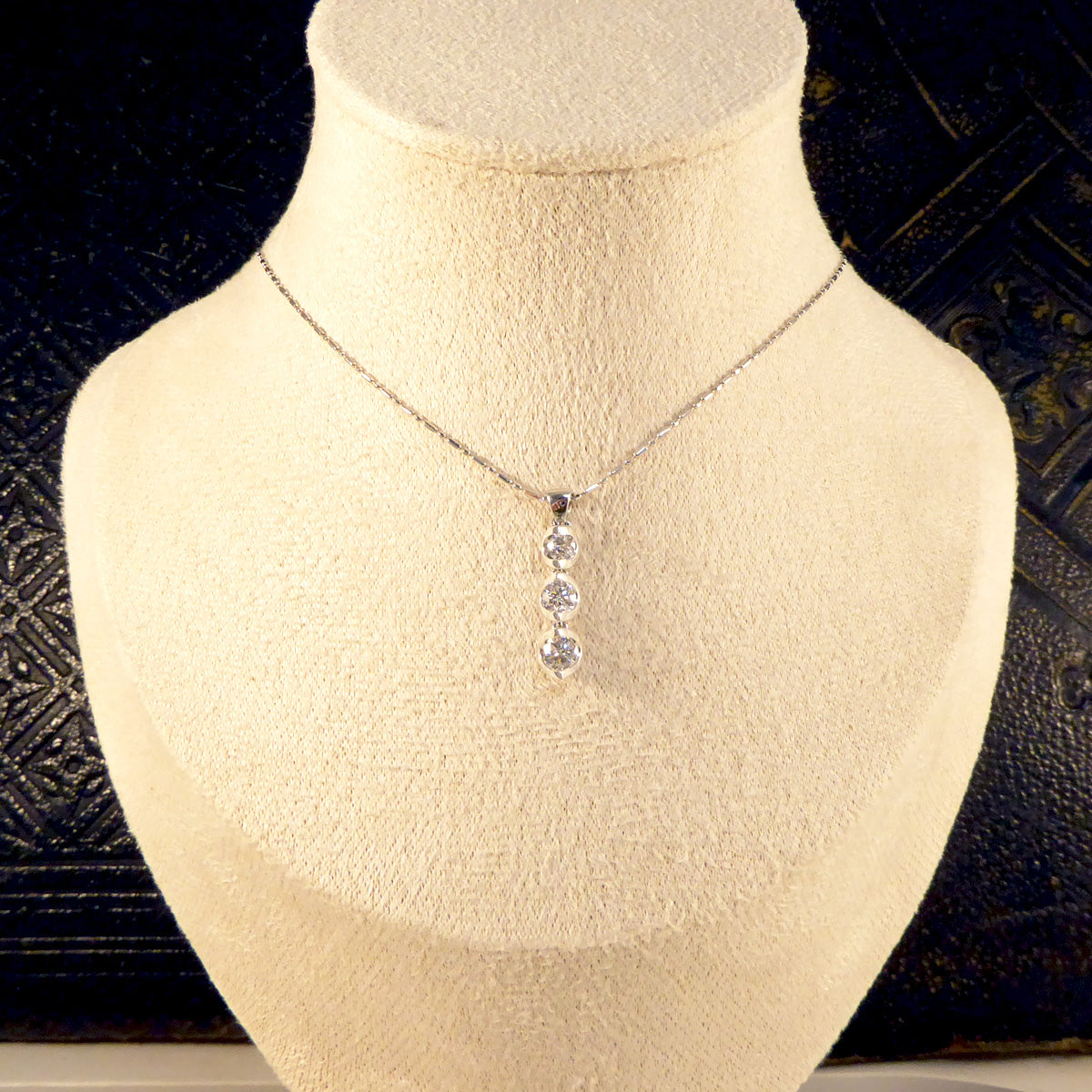 Diamond Graduating Three Stone Drop Pendant Necklace in 18ct White Gold - Wharfedale Antiques