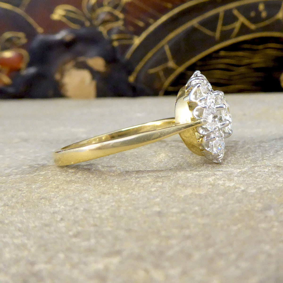 Edwardian Style 1.85ct Old Cut Diamond Daisy Cluster Ring in 18ct Yellow Gold - Wharfedale Antiques