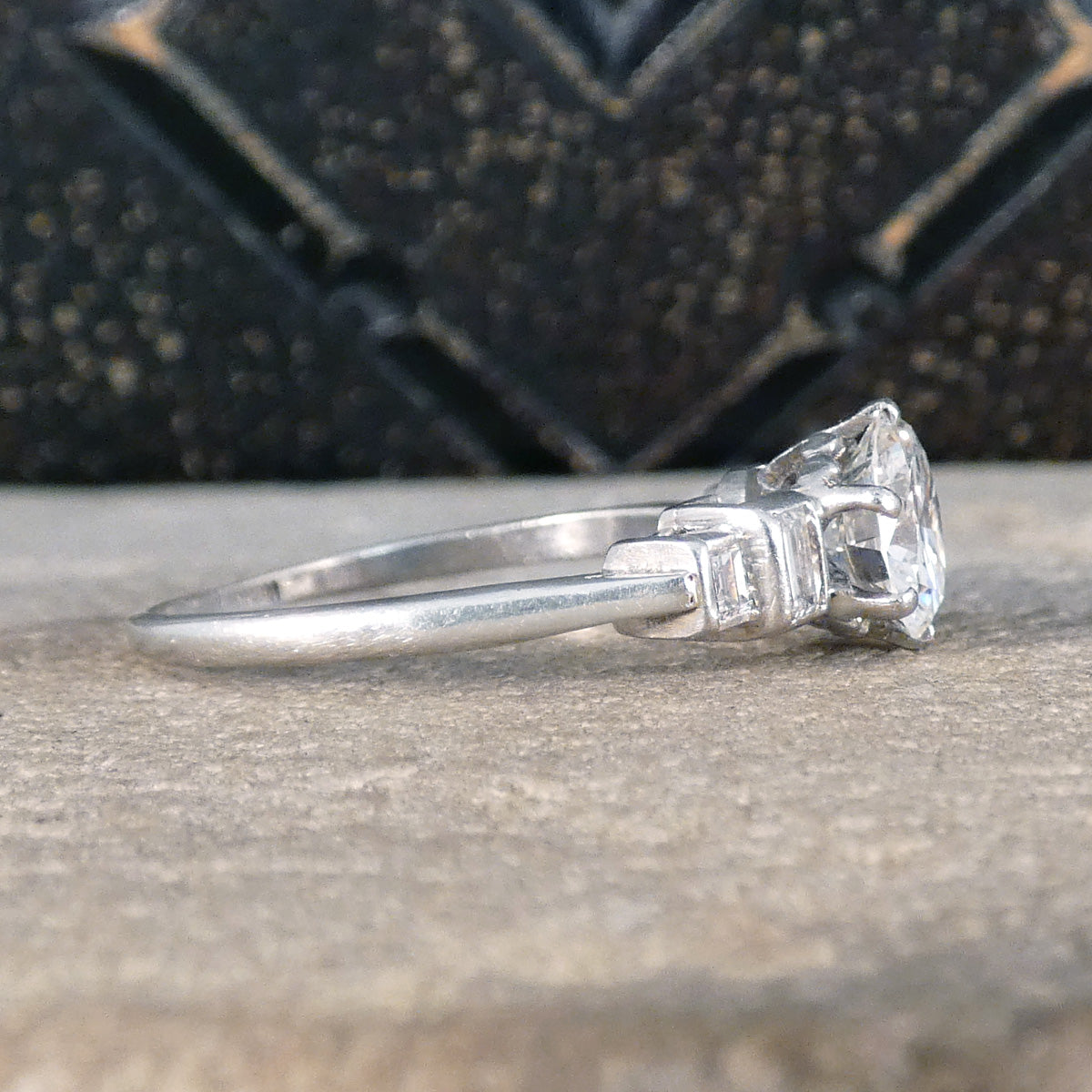 Art Deco 1.20ct Early Brilliant Cut Diamond Solitaire with Baguette Cut Shoulders in Platinum - Wharfedale Antiques