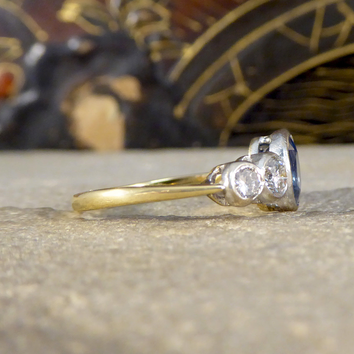 Edwardian Sapphire and Diamond Bezel Set Five Stone Ring in 18ct White and Yellow Gold - Wharfedale Antiques